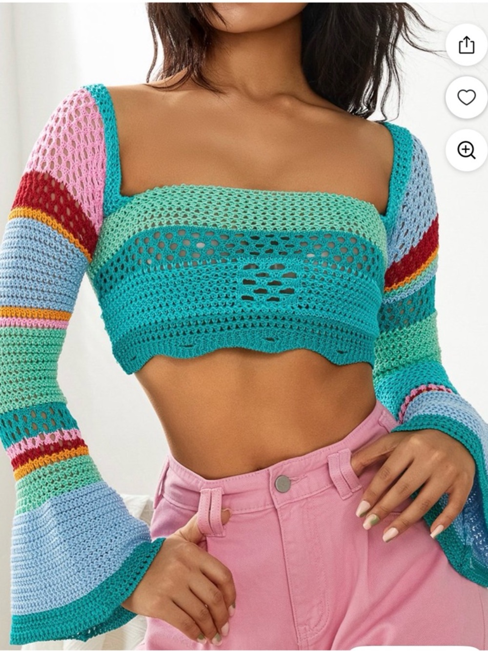 DAVI & DANI Turquoise Crochet Square-Neck Crop Top with Multicolor Bell Sleeves